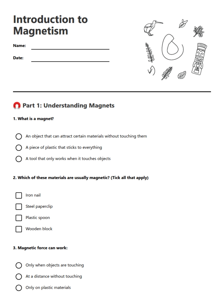 Magnetism worksheet with questions and checkbox options