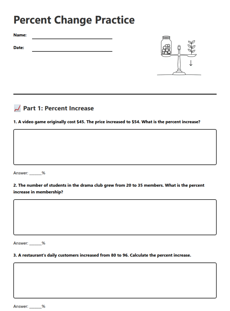 Percent Change Practice worksheet with math problems