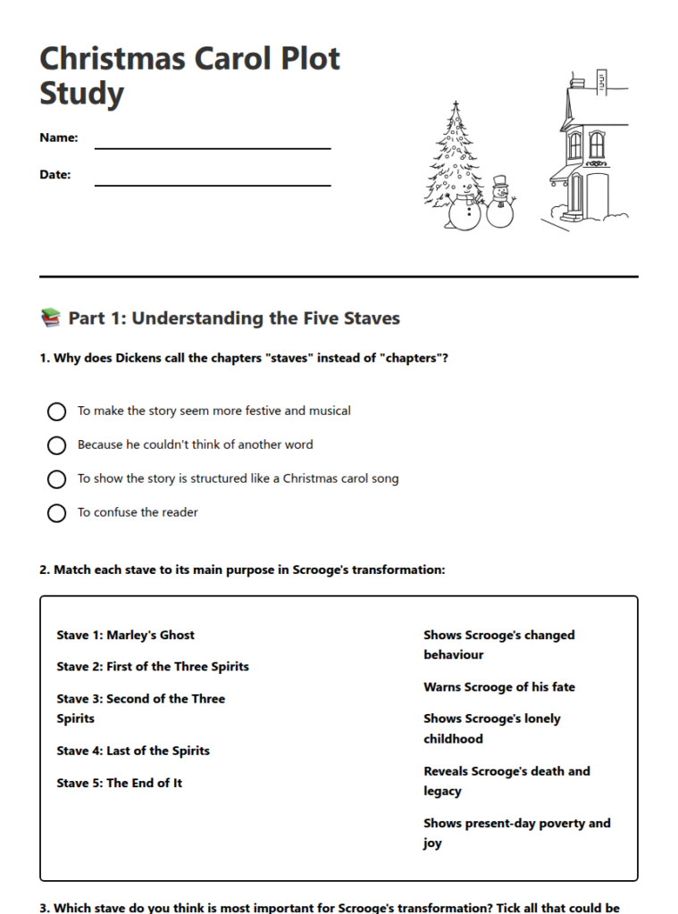 Christmas Carol worksheet with questions and illustrations