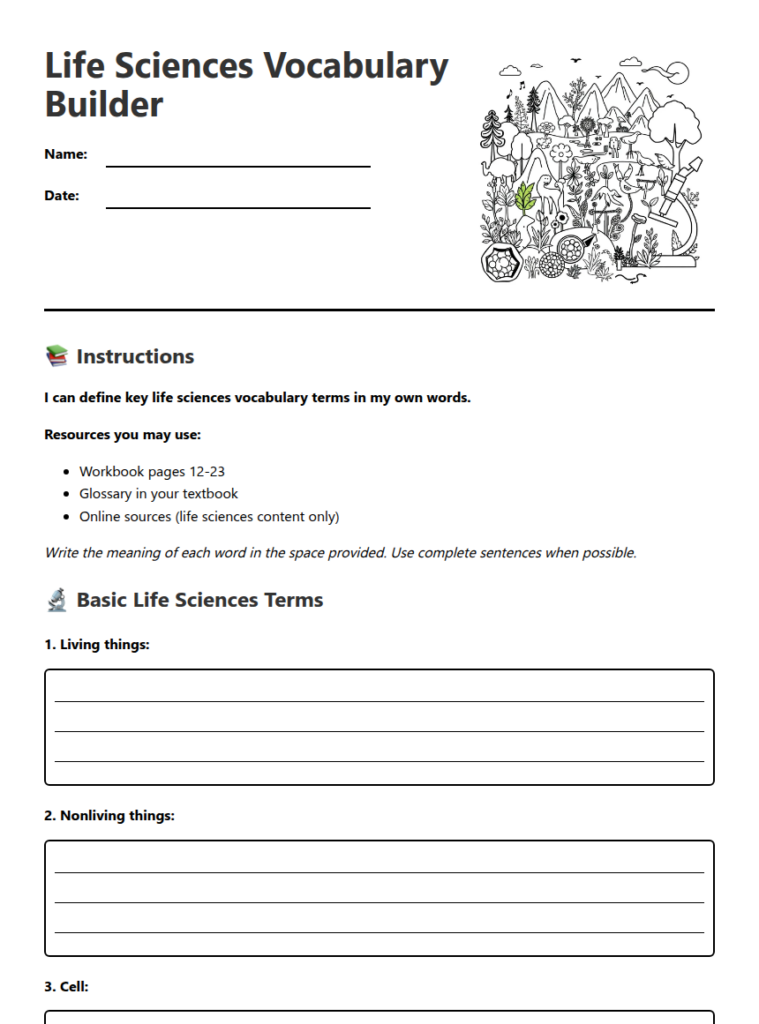 Life sciences vocabulary worksheet with blank answer lines