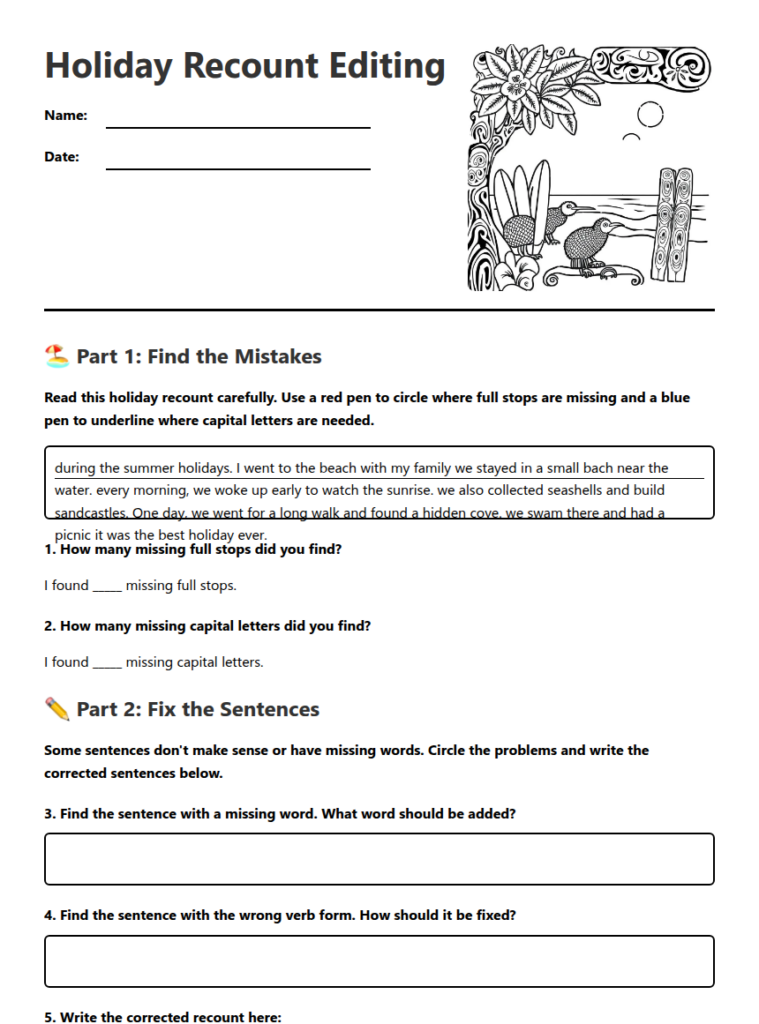 Holiday recount editing worksheet with beach illustration