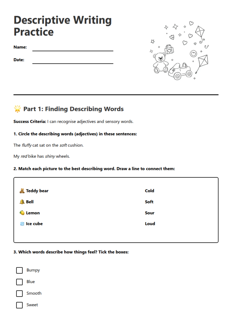 Descriptive writing practice worksheet with teddy bear illustration