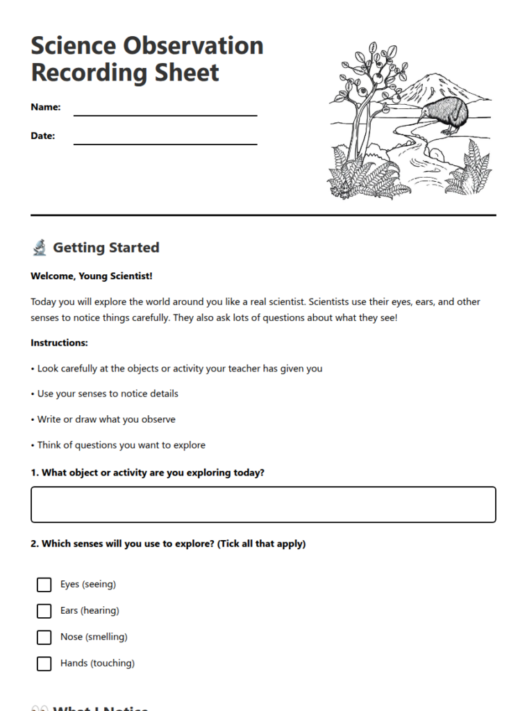 Science observation recording sheet with text and drawing