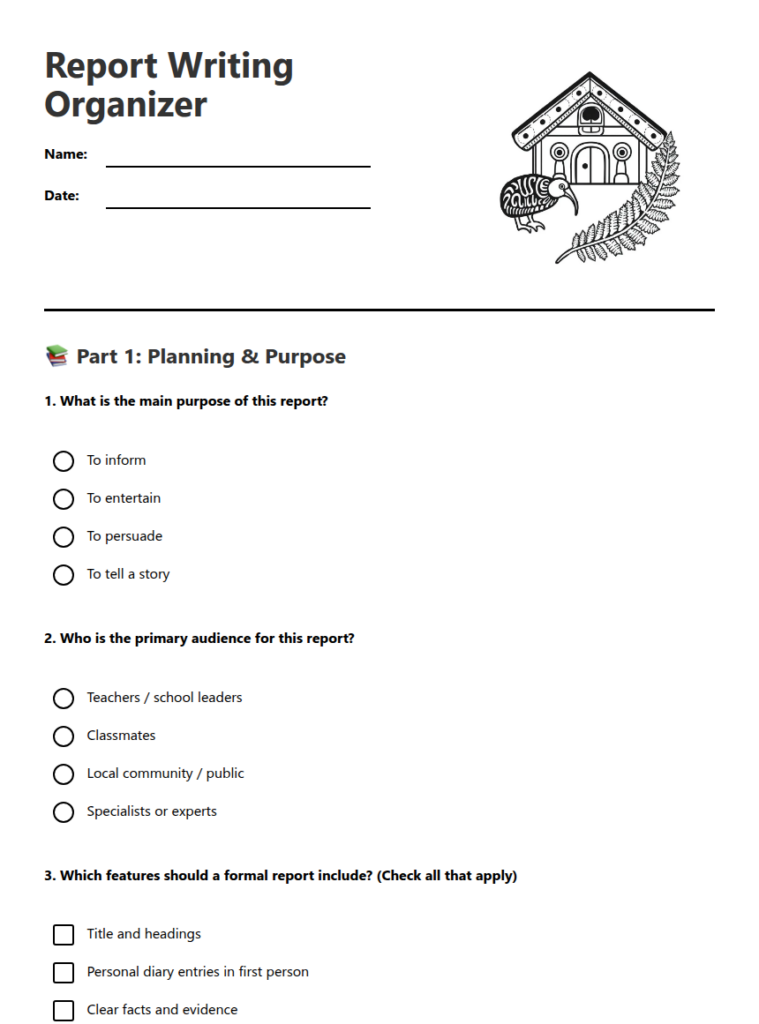 Report writing organizer worksheet with questions and checkboxes