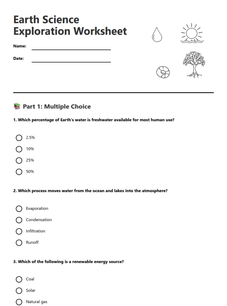Earth science worksheet with multiple-choice questions and icons