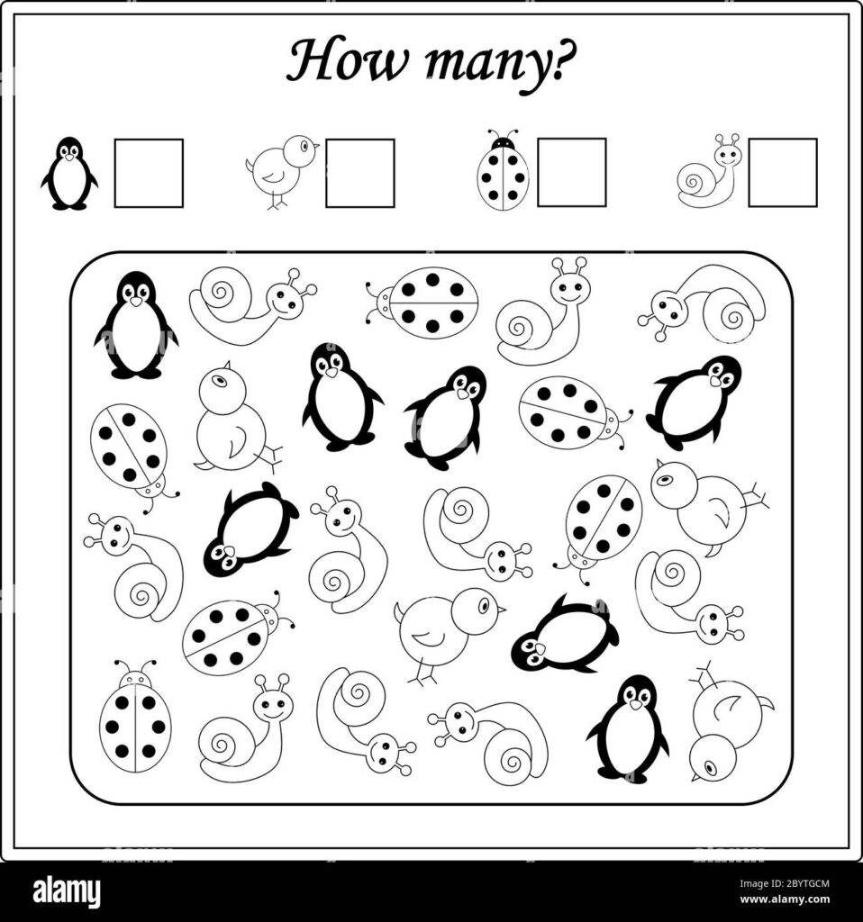 Black-and-white counting worksheet with penguins, birds, ladybugs, snails