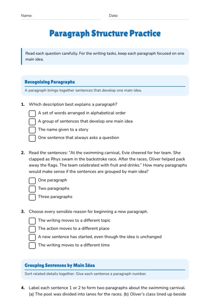 Paragraph structure practice worksheet with questions and checkboxes
