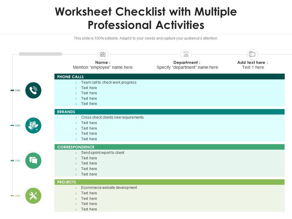 Professional activity checklist worksheet template with icons and sections