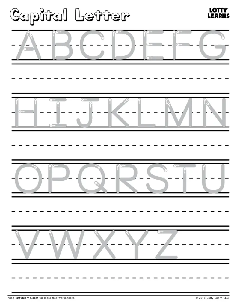 Capital letter handwriting worksheet with A through Z