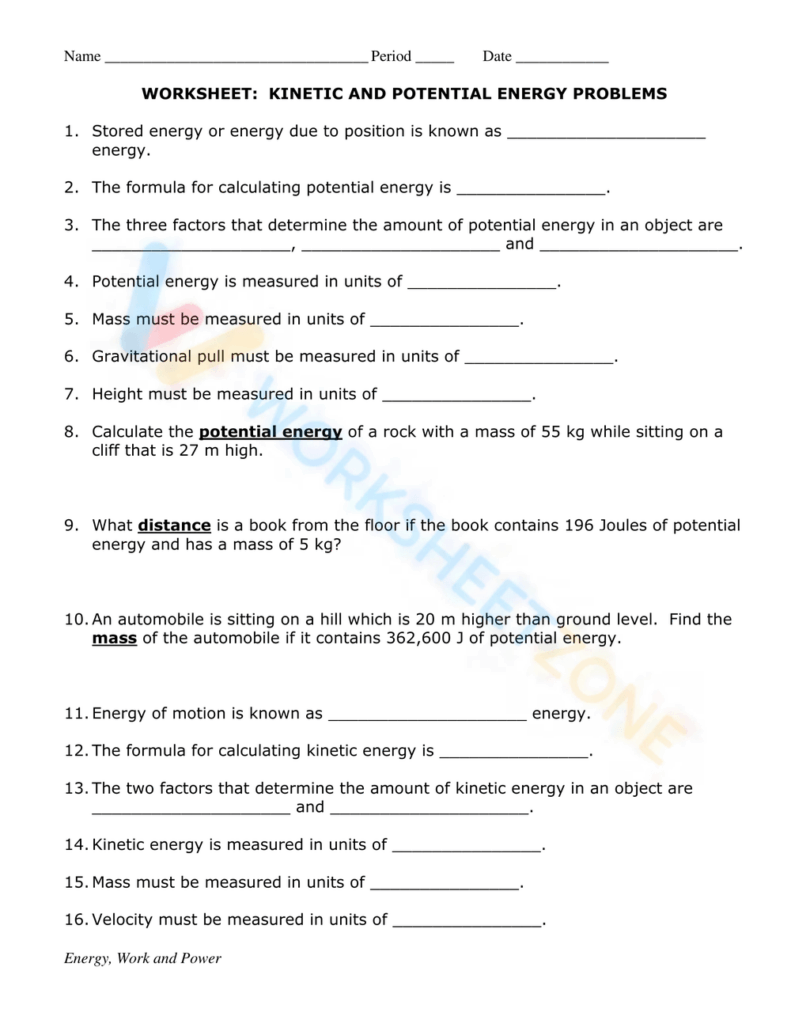 Kinetic and potential energy worksheet with numbered questions