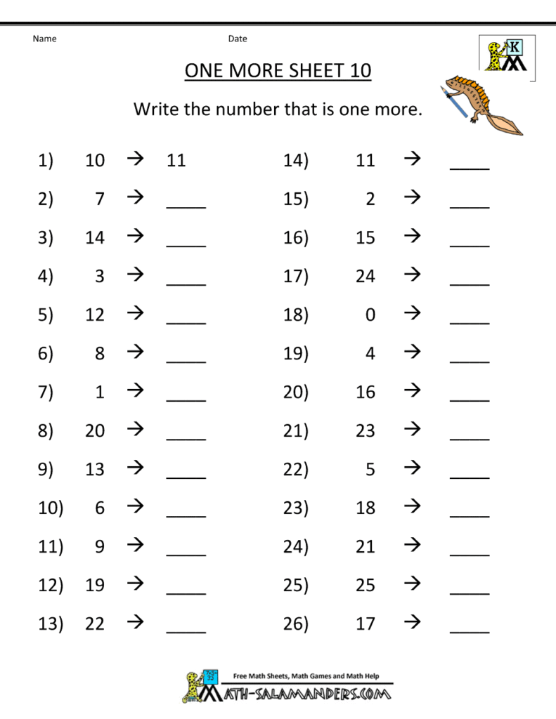 Math worksheet titled one more sheet 10 with number problems