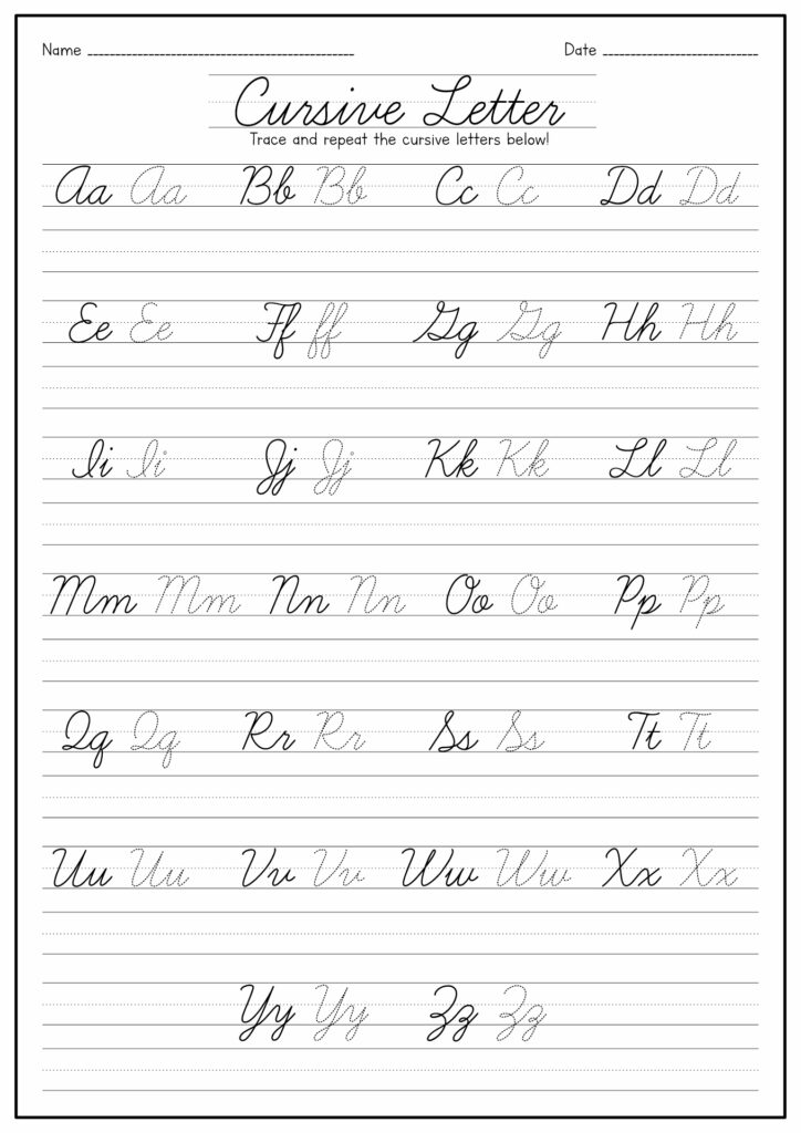 Cursive letter tracing worksheet with alphabet rows