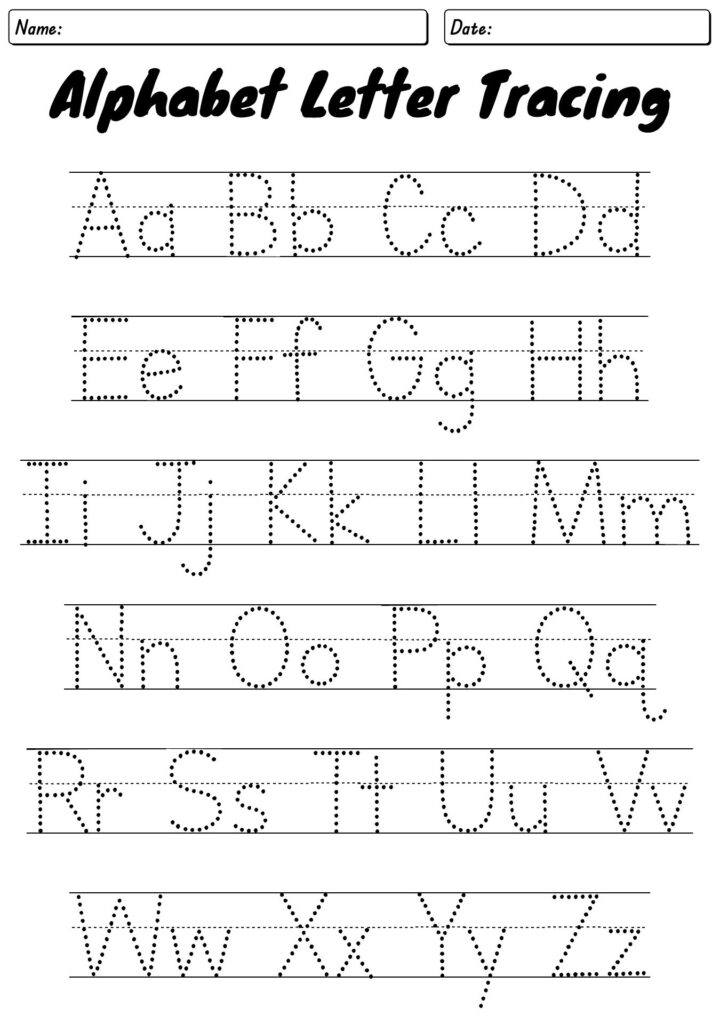Alphabet letter tracing worksheet with dotted uppercase and lowercase letters