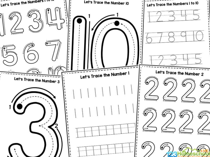 Collage of black-and-white number tracing worksheets