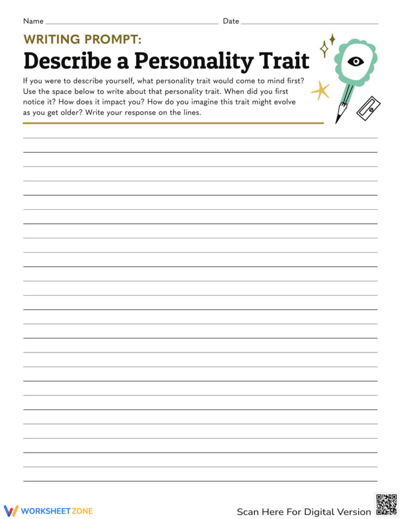 Personality trait writing prompt worksheet with lined space