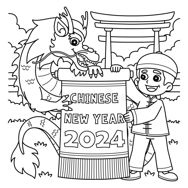 Cartoon dragon and boy holding Chinese New Year banner