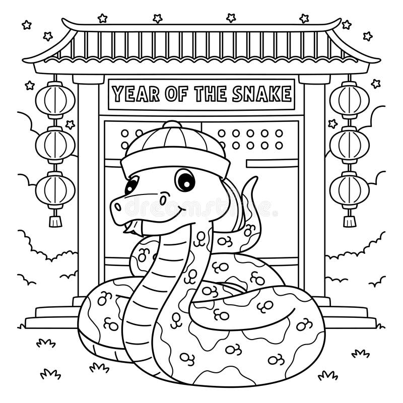 Coloring page of snake before Chinese gate