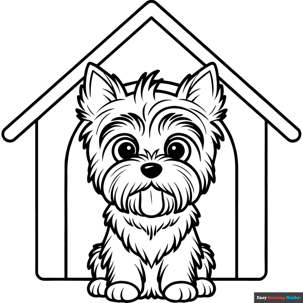 Cartoon puppy sitting inside a doghouse outline
