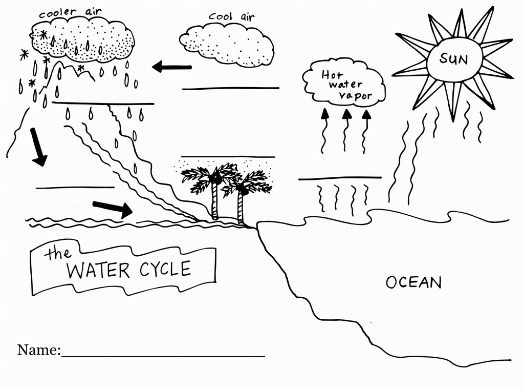 Hand-drawn water cycle diagram with sun, ocean, and clouds