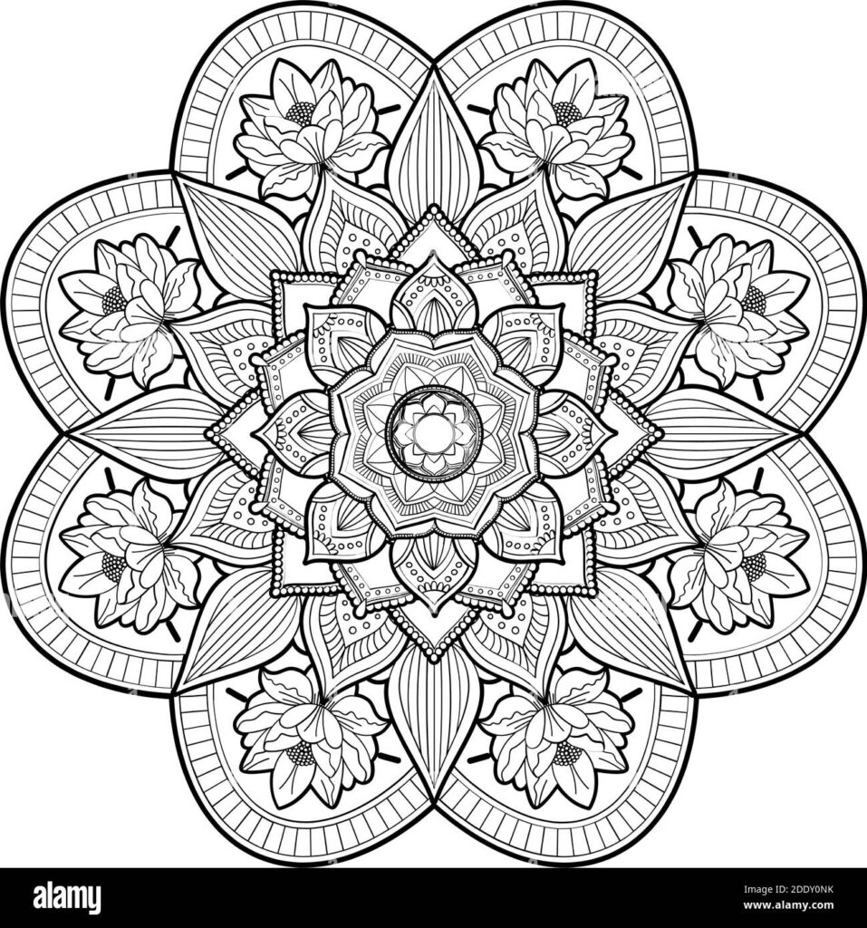 Intricate black-and-white floral mandala coloring page design