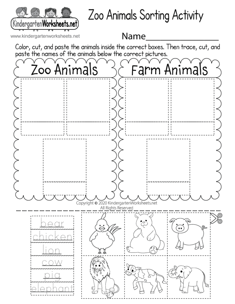 Zoo animals sorting worksheet with cut-and-paste boxes